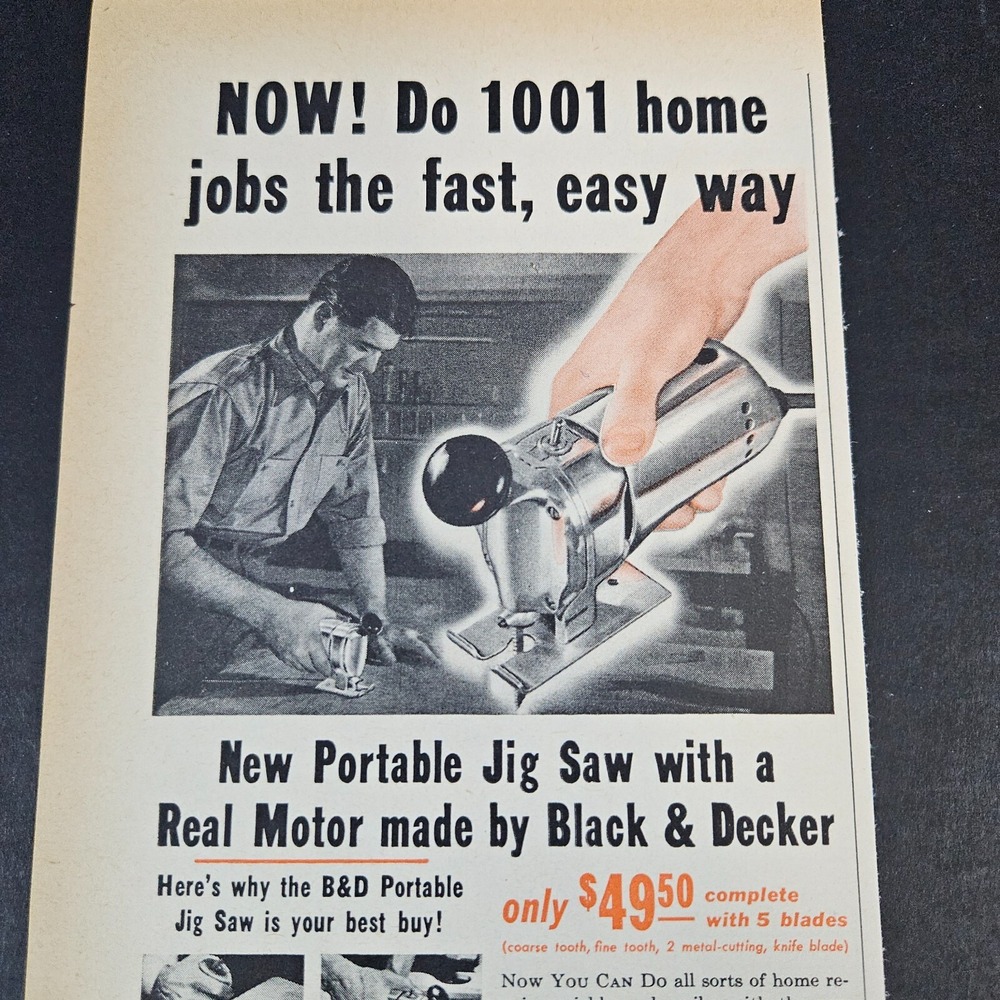 1953 Black & Decker Portable Electric Tools Jig Saw Vintage Print Ad Towson MD